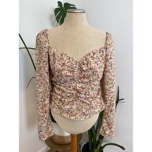 ASTR The Label Taupe Pink Floral Smocked Square Neck Long Sleeve Blouse XL